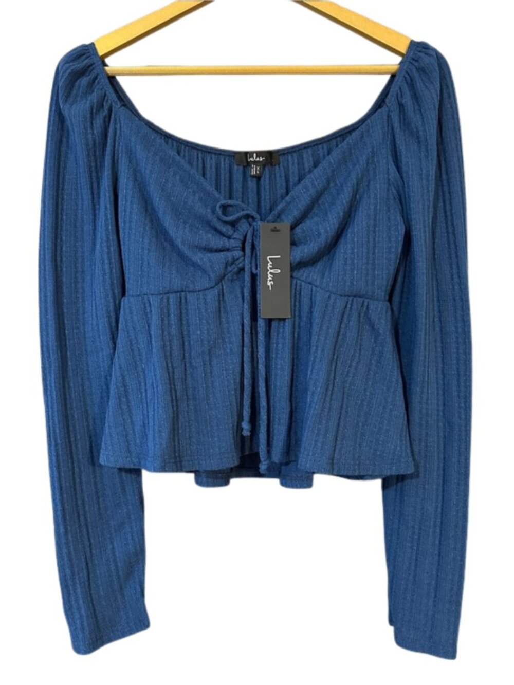 NWT Lulus Blue Ribbed Crop Top XL Tie Front Long Sleeve Peplum Blouse